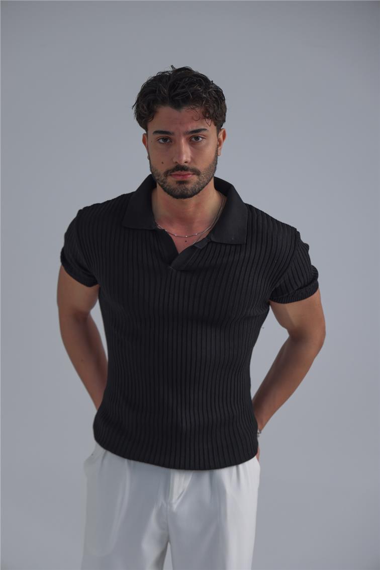 Slim Fit Knit T-Shirt Siyah