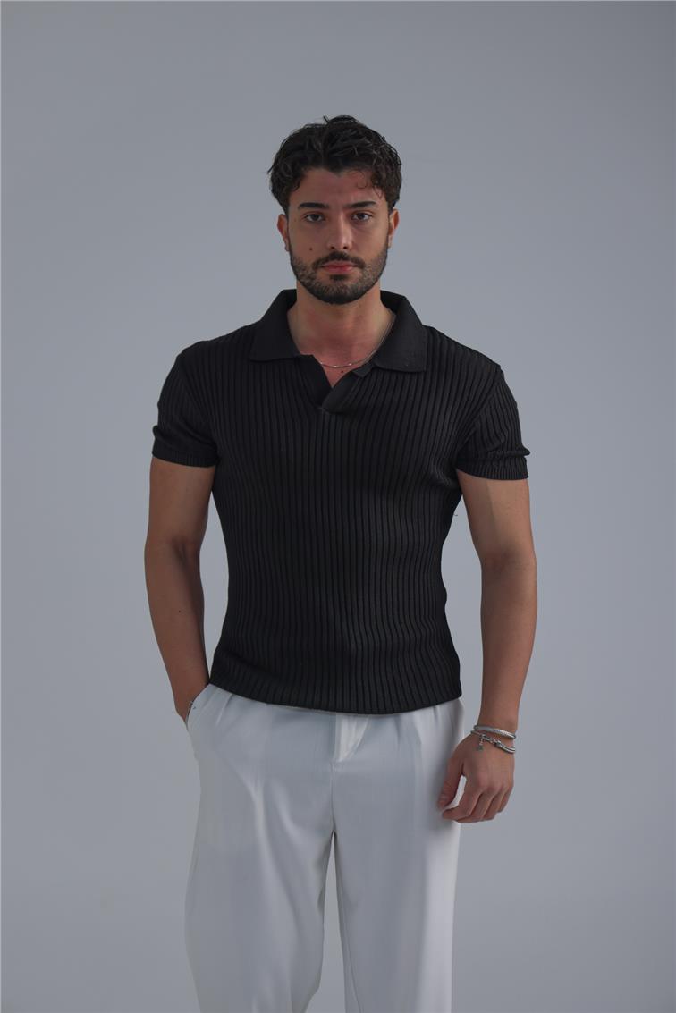 Slim Fit Knit T-Shirt Siyah