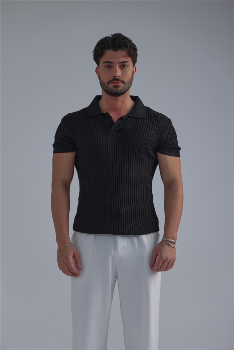 Slim Fit Knit T-Shirt Siyah