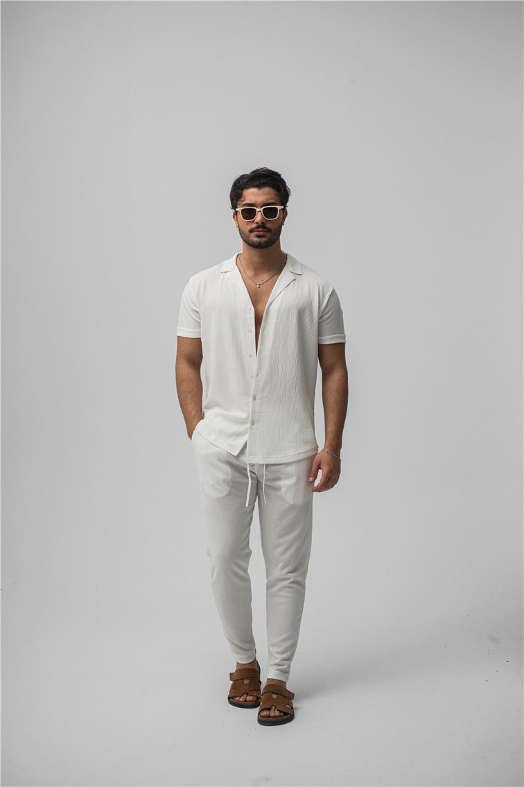 Slim Fit Pilili Kısa Kol Gömlek Beyaz