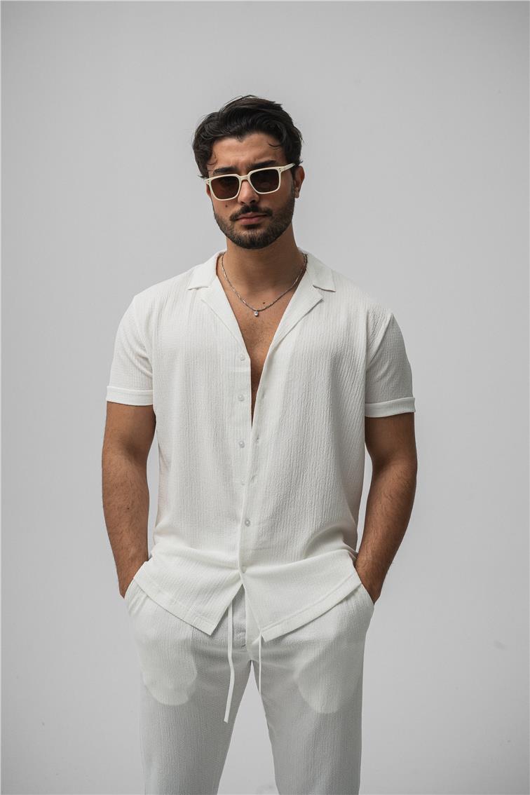 Slim Fit Pilili Kısa Kol Gömlek Beyaz