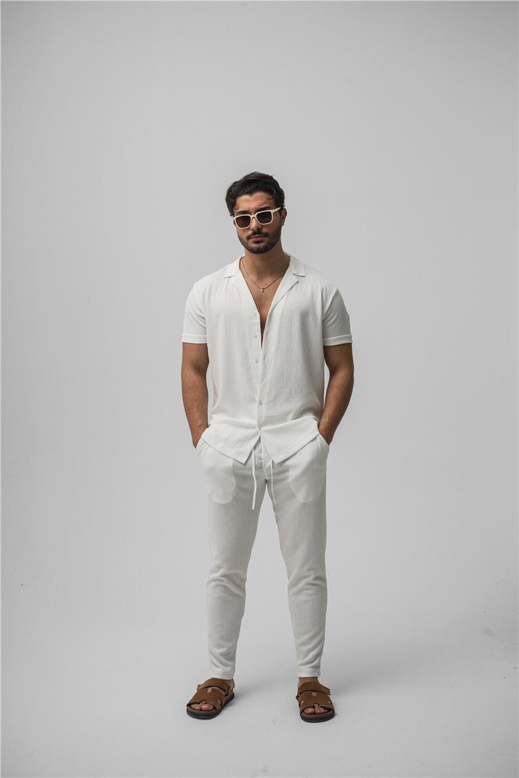 Slim Fit Pilili Kısa Kol Gömlek Beyaz