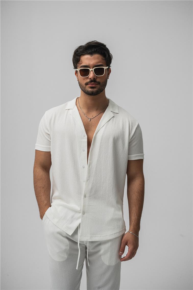 Slim Fit Pilili Kısa Kol Gömlek Beyaz
