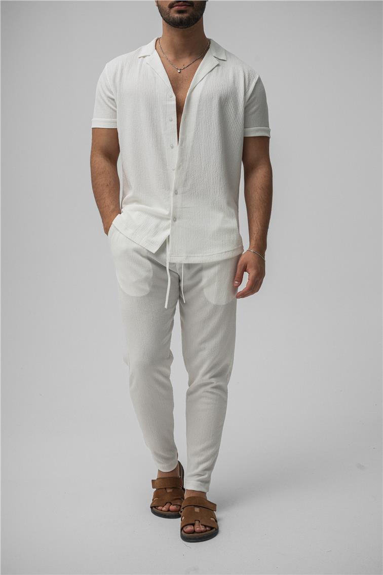 Slim Fit Pilili Kısa Kol Gömlek Beyaz