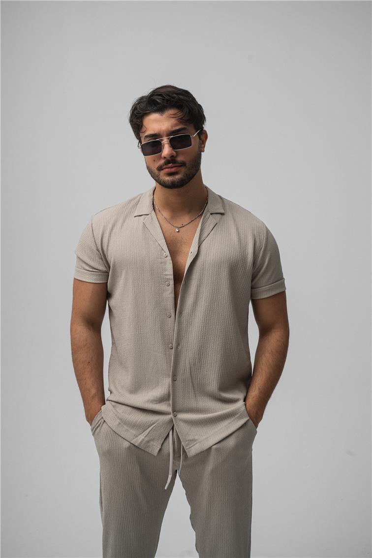 Slim Fit Pilili Kısa Kol Gömlek Gri