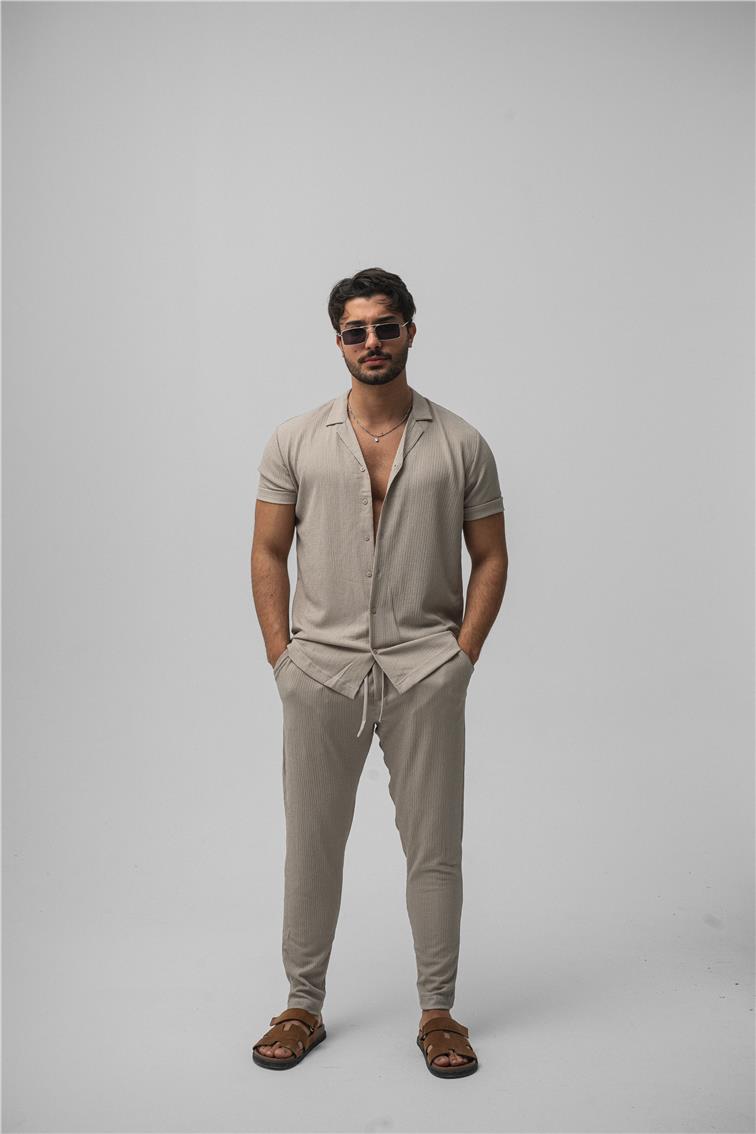 Slim Fit Pilili Kısa Kol Gömlek Gri