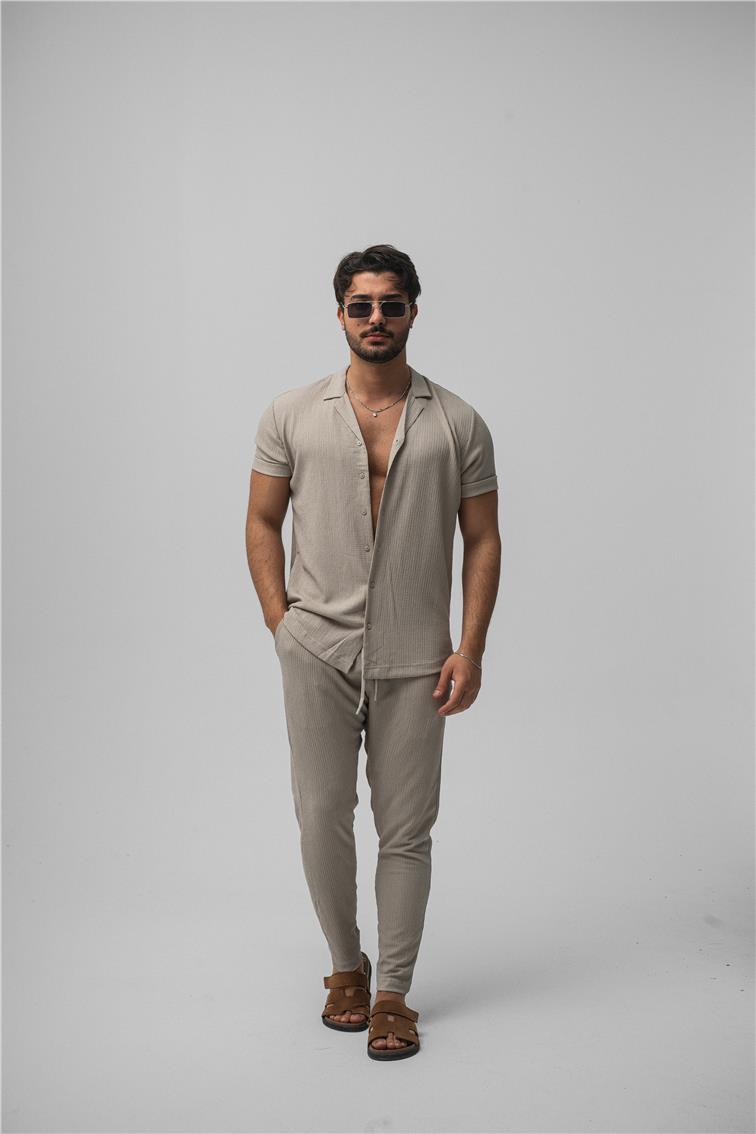 Slim Fit Pilili Kısa Kol Gömlek Gri