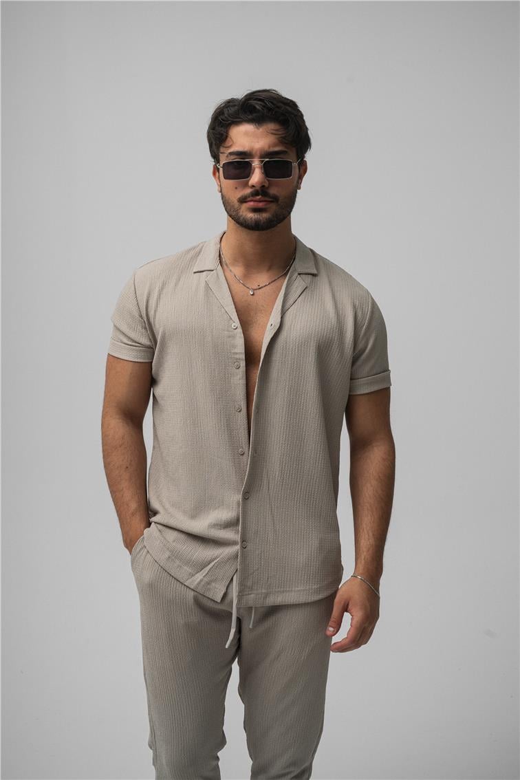 Slim Fit Pilili Kısa Kol Gömlek Gri