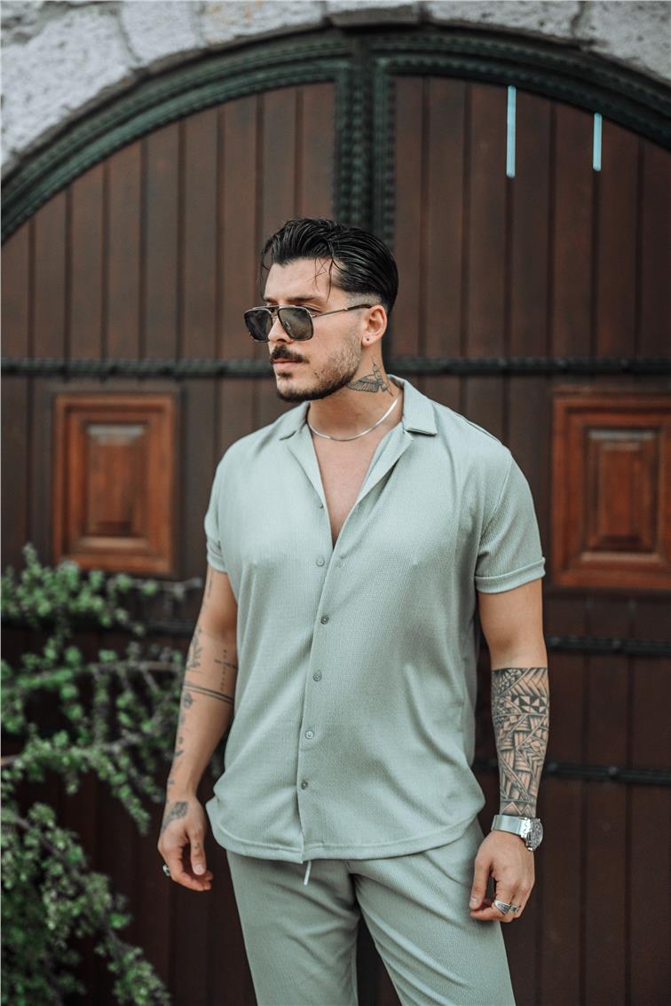 Slim Fit Pilili Kısa Kol Gömlek Gri