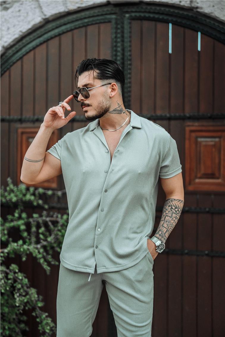 Slim Fit Pilili Kısa Kol Gömlek Gri