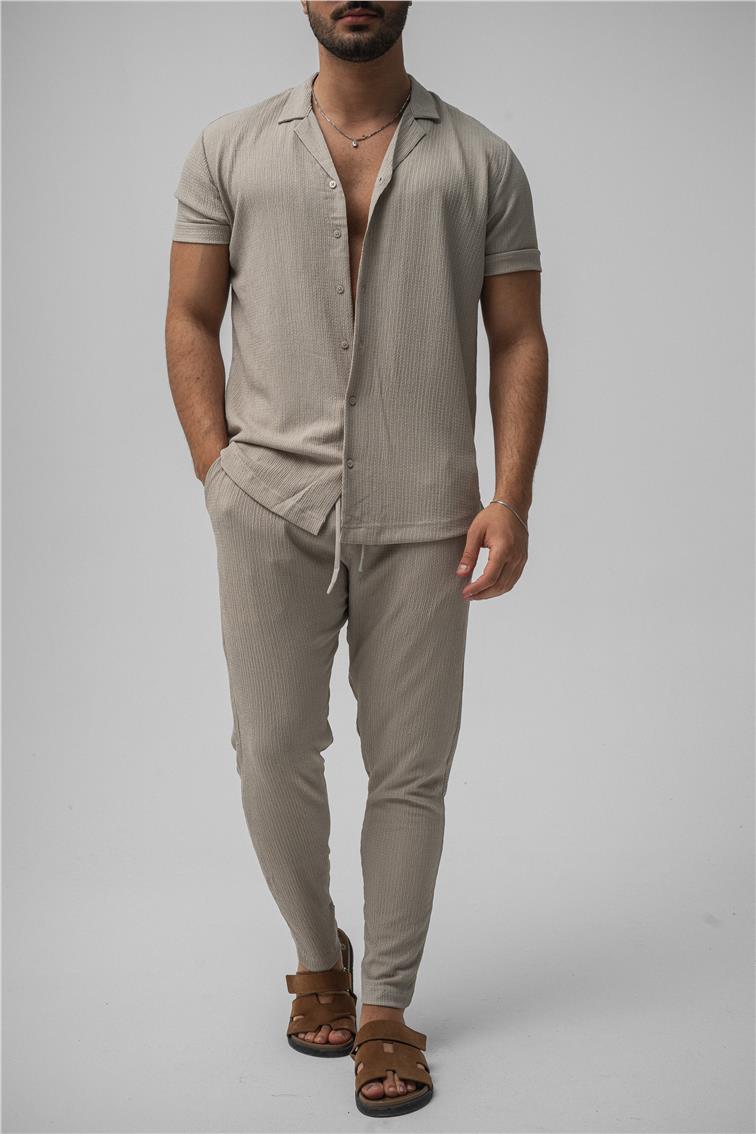 Slim Fit Pilili Kısa Kol Gömlek Gri