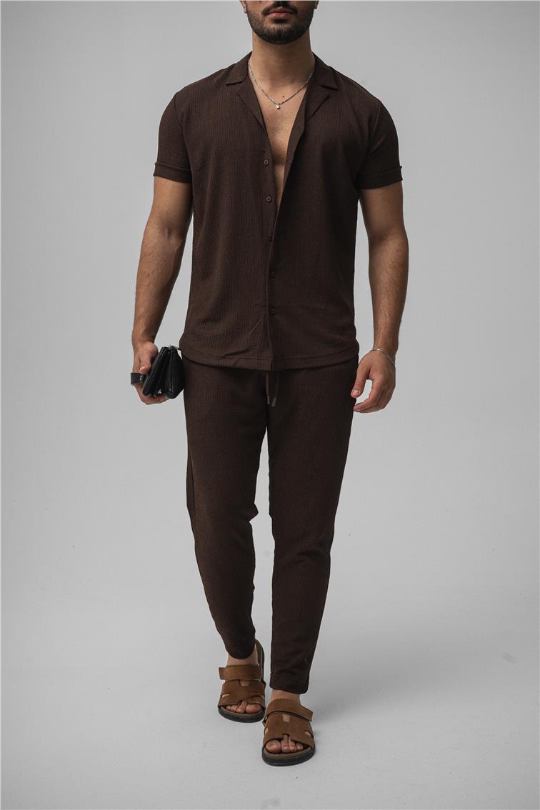 Slim Fit Pilili Kısa Kol Gömlek Kahve