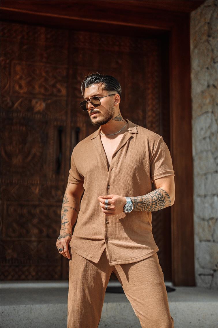 Slim Fit Pilili Kısa Kol Gömlek Kahve