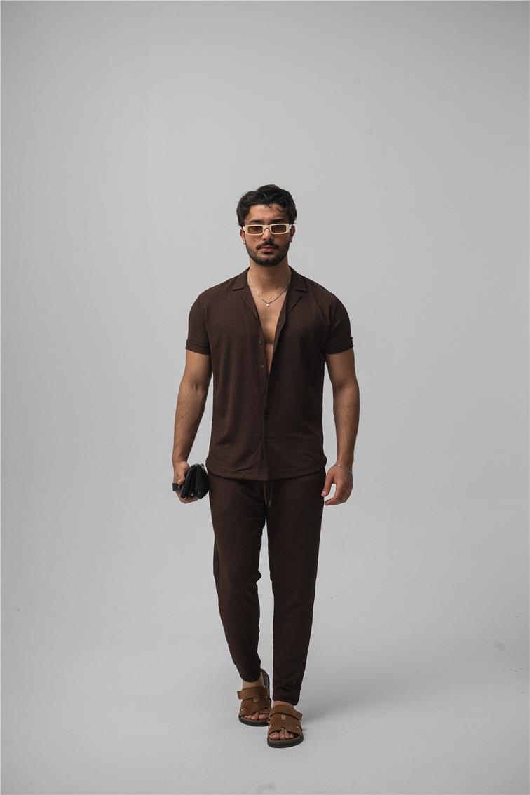 Slim Fit Pilili Kısa Kol Gömlek Kahve