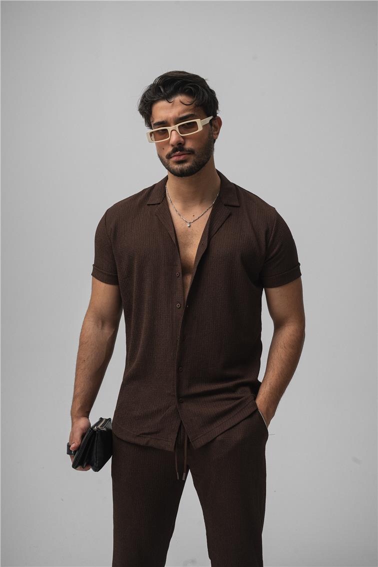 Slim Fit Pilili Kısa Kol Gömlek Kahve