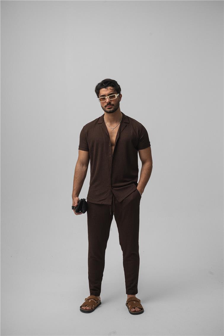 Slim Fit Pilili Kısa Kol Gömlek Kahve