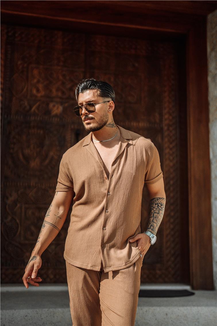 Slim Fit Pilili Kısa Kol Gömlek Kahve