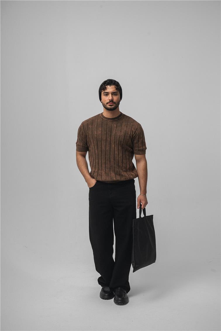 Slim Fit Washed Lines Knit T-Shirt Yıkamalı Kahve