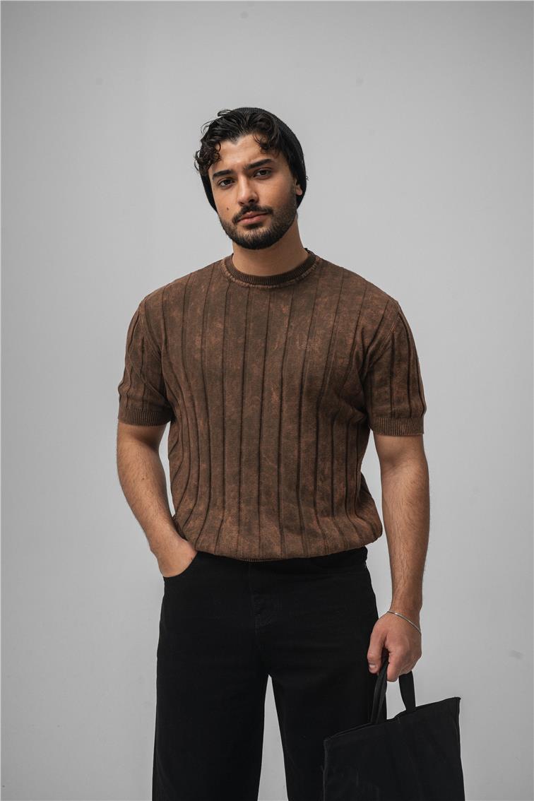 Slim Fit Washed Lines Knit T-Shirt Yıkamalı Kahve