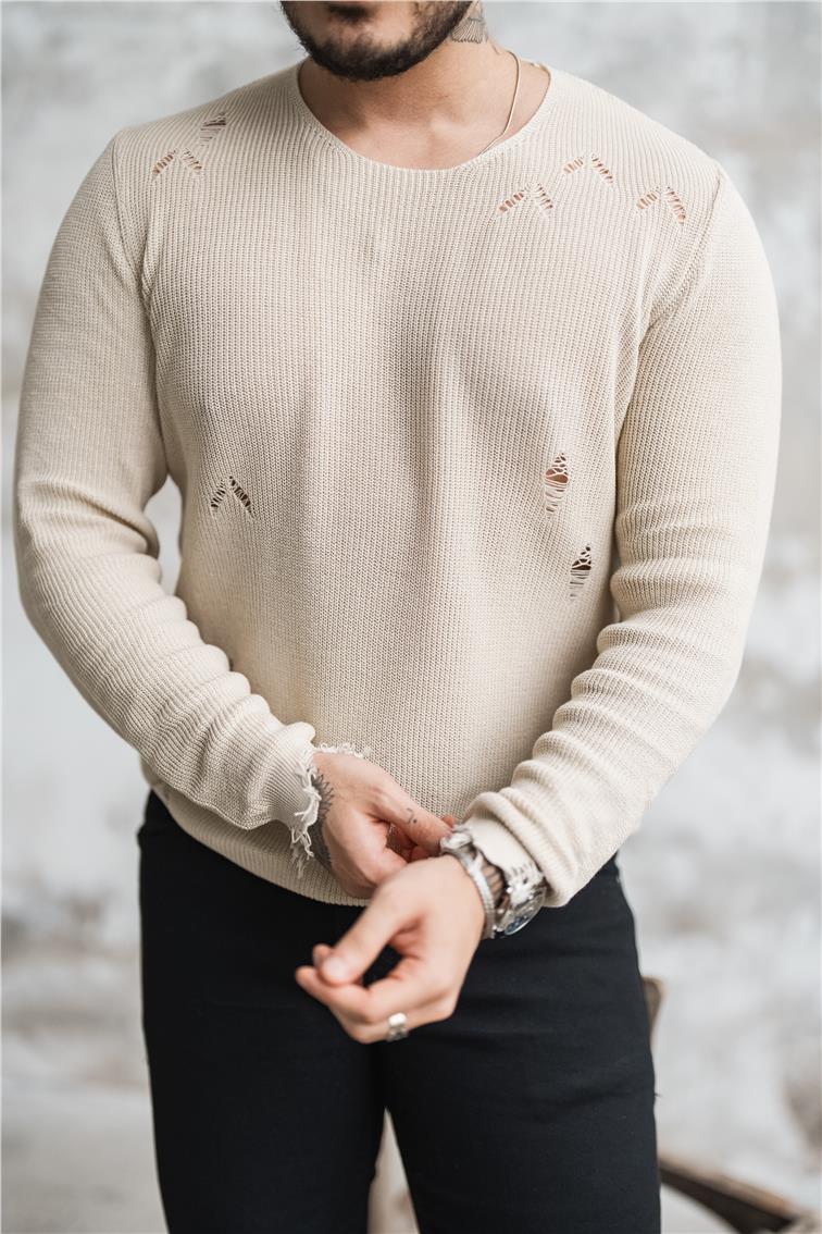 Slim Fit Yırtıklı Kazak Krem