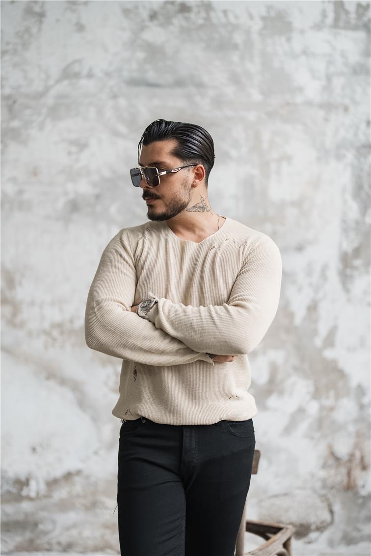 Slim Fit Yırtıklı Kazak Krem