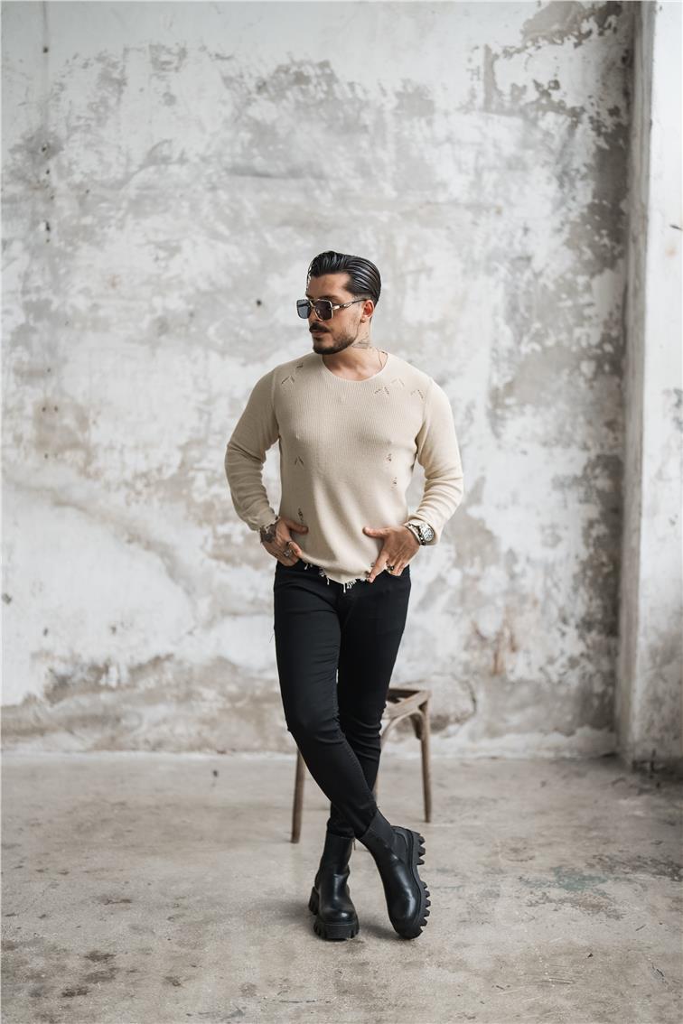 Slim Fit Yırtıklı Kazak Krem