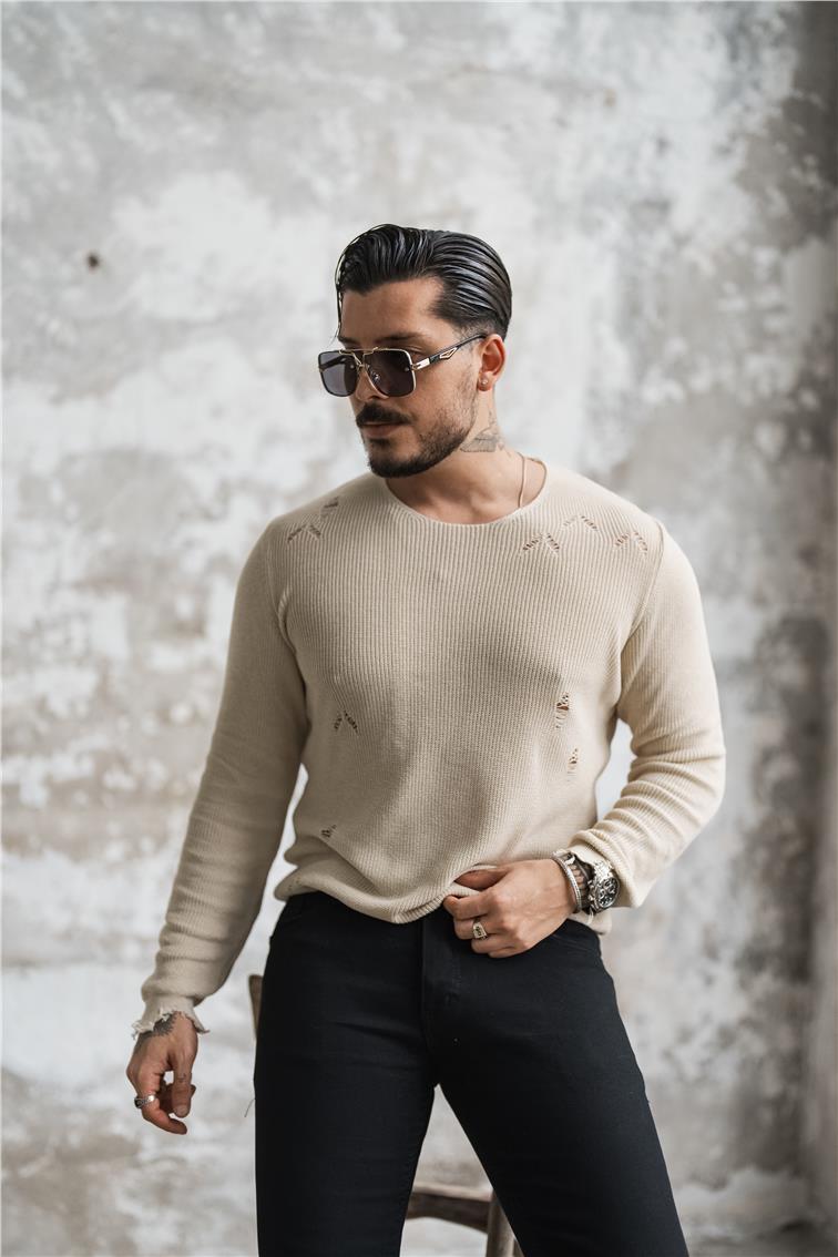 Slim Fit Yırtıklı Kazak Krem