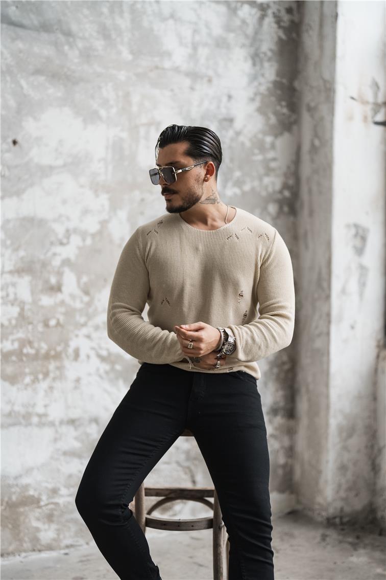 Slim Fit Yırtıklı Kazak Krem