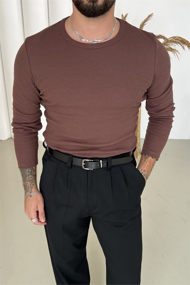 Slimfit Uzun Kol Basic Triko Kahve