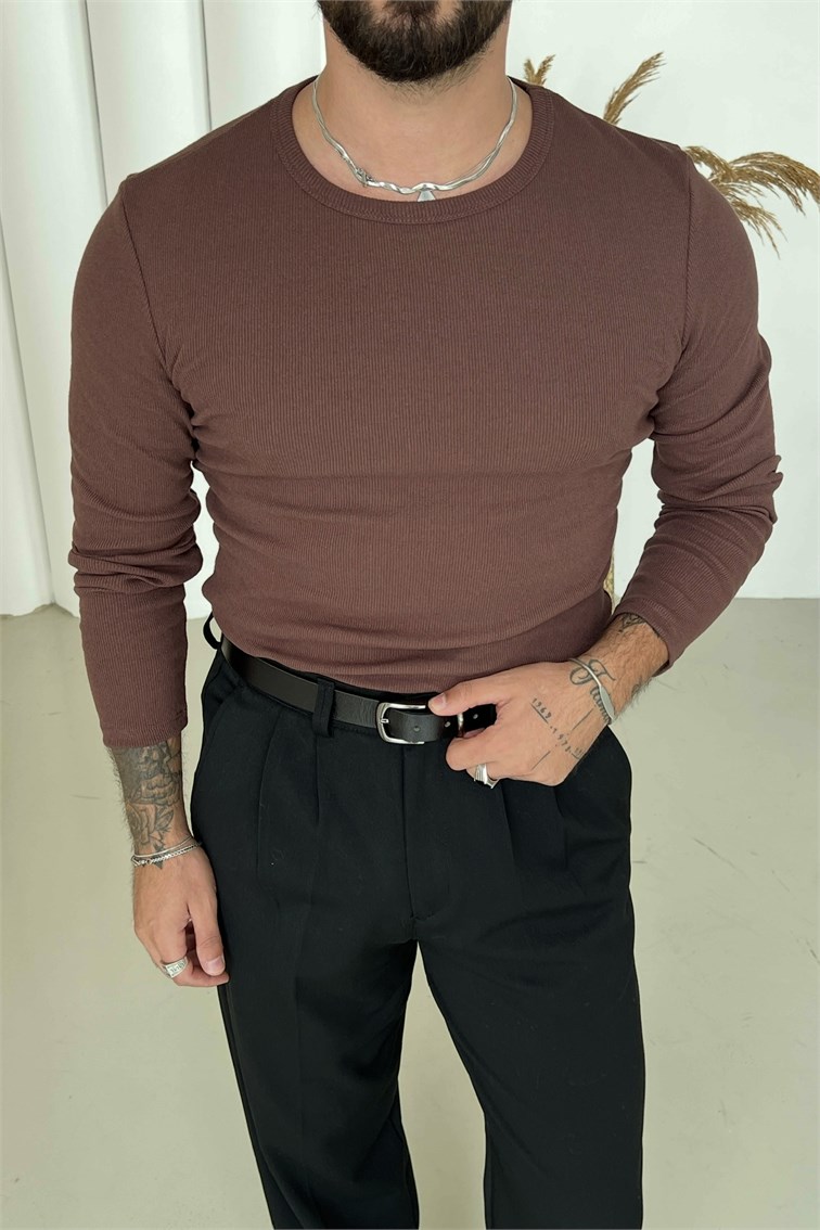 Slimfit Uzun Kol Basic Triko Kahve
