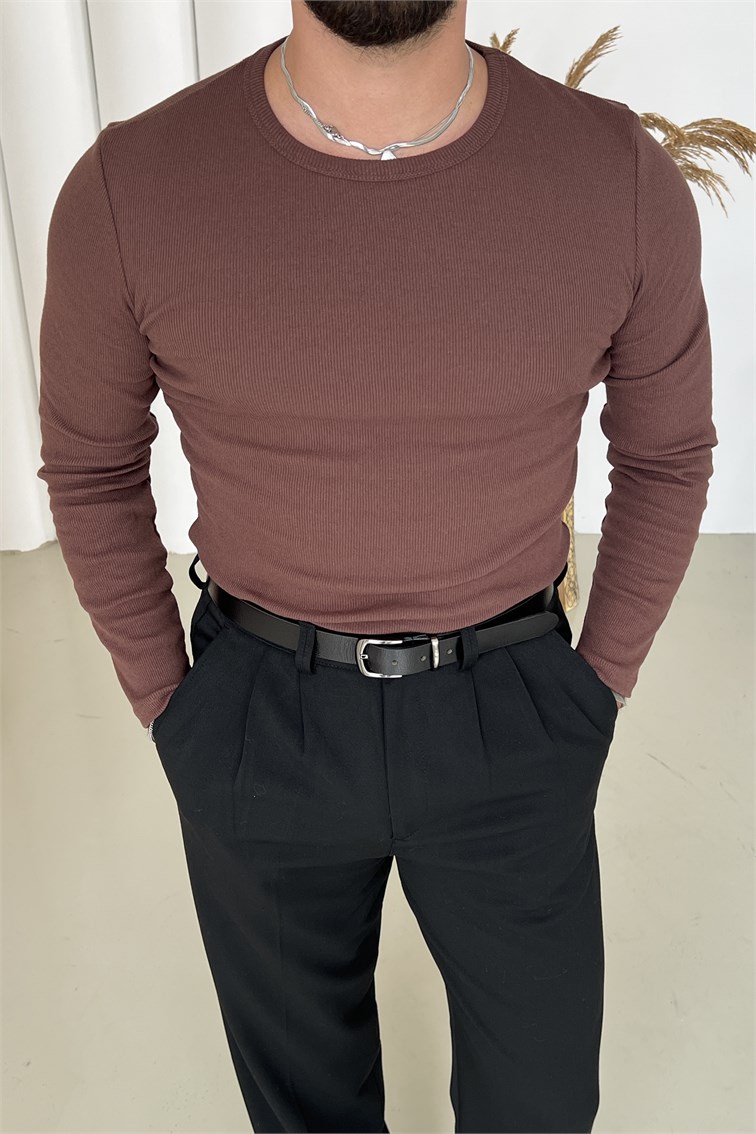 Slimfit Uzun Kol Basic Triko Kahve
