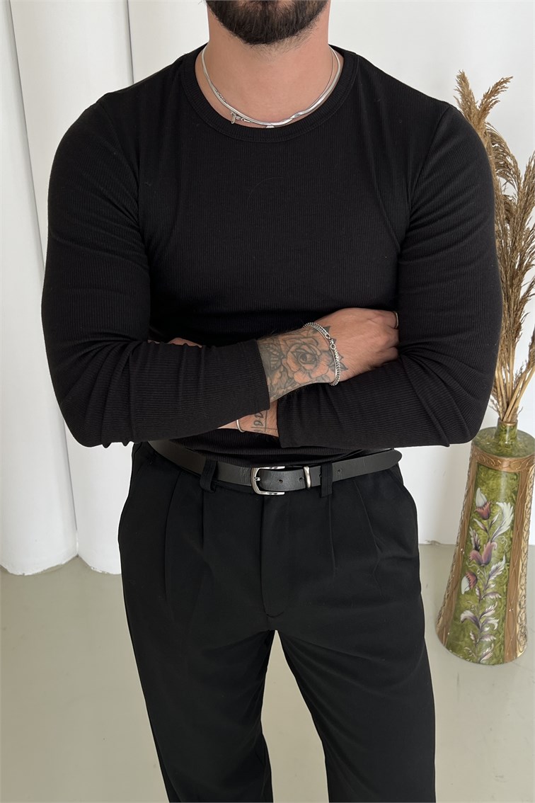 Slimfit Uzun Kol Basic Triko Siyah