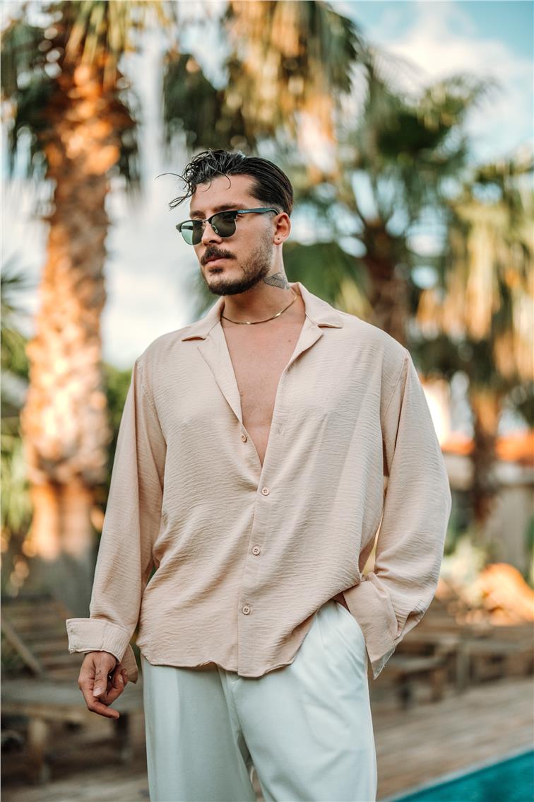 Special Dokulu Oversize Gömlek Bej