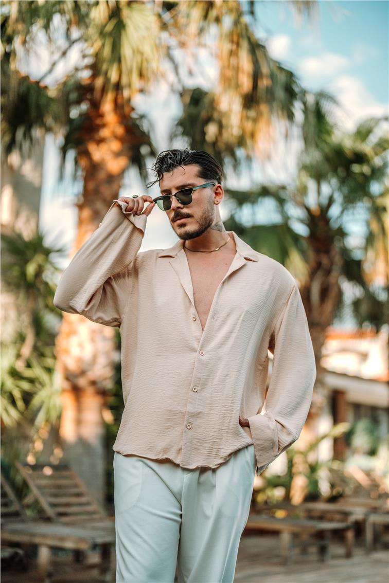 Special Dokulu Oversize Gömlek Bej