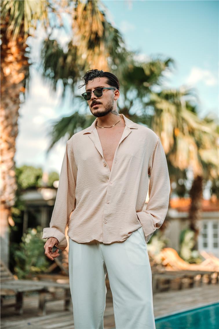 Special Dokulu Oversize Gömlek Bej