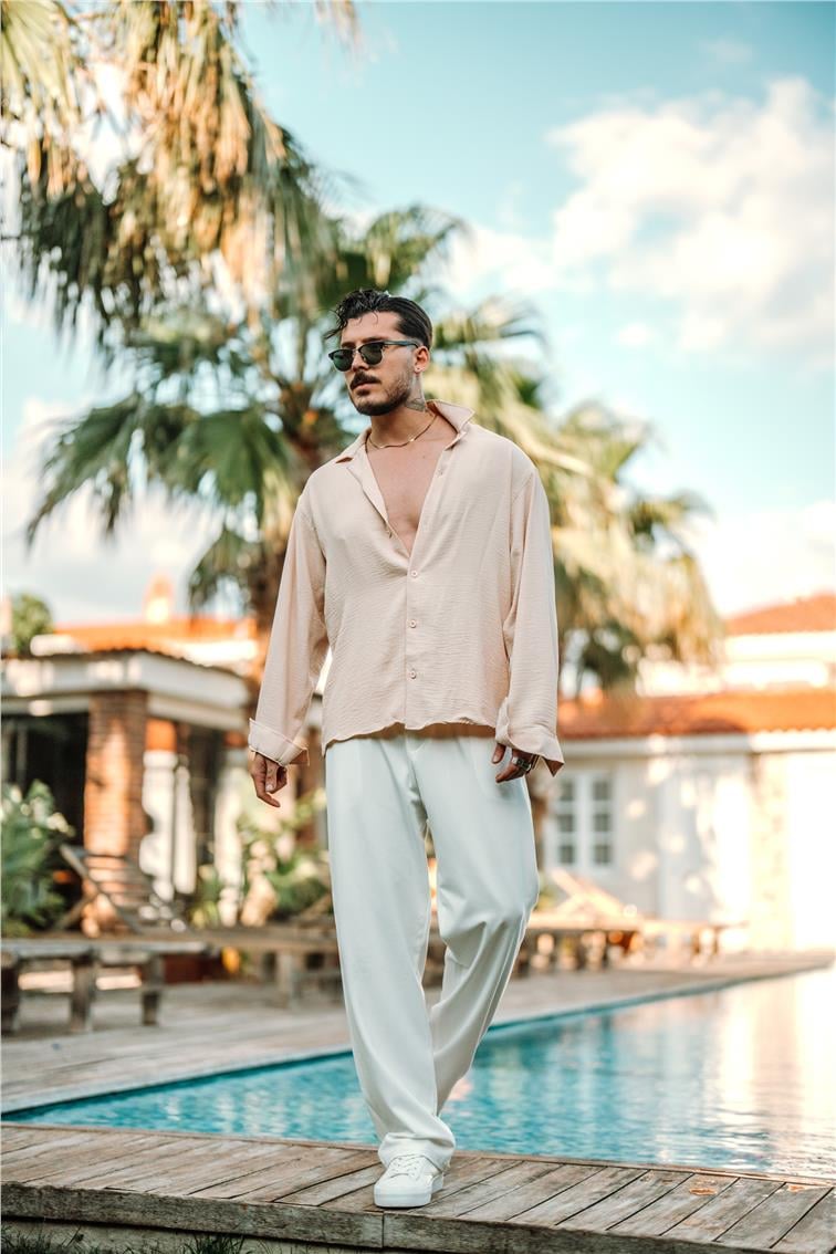 Special Dokulu Oversize Gömlek Bej