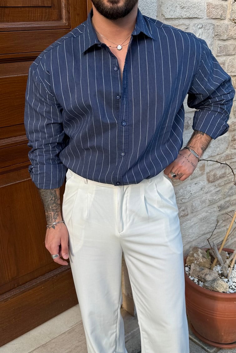 Striped Linen Oversize Gömlek Lacivert