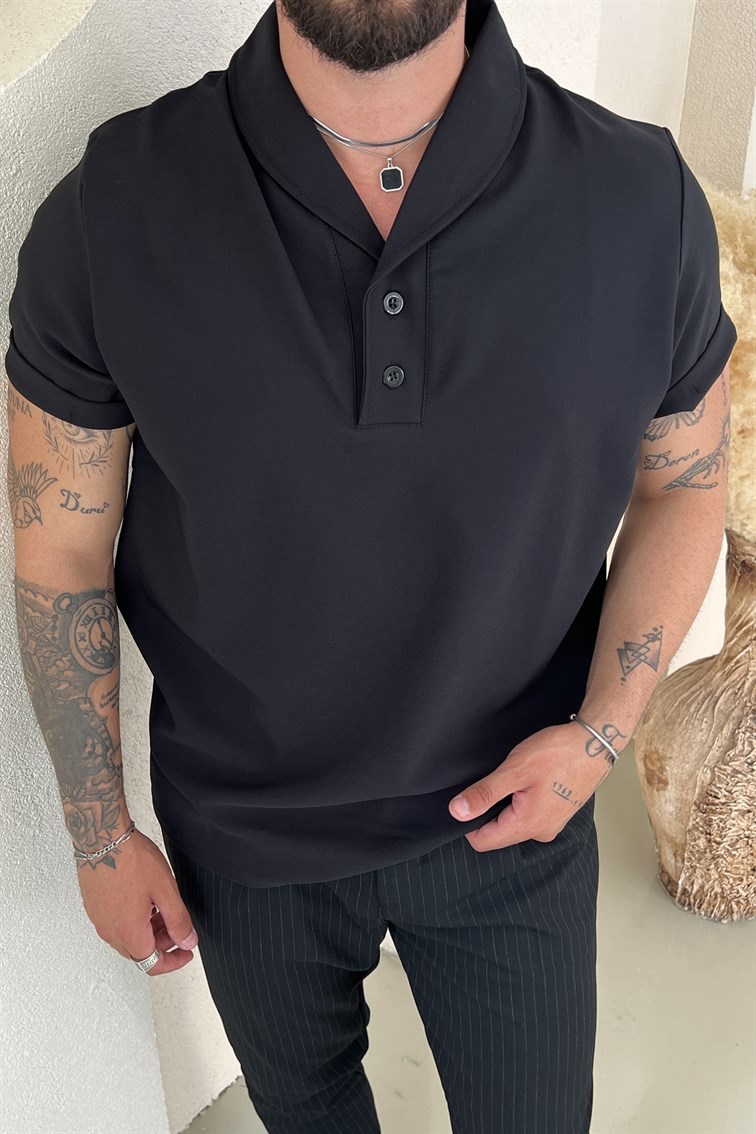 Tasarım Kollar Katlı Polo Yaka Tshirt Siyah