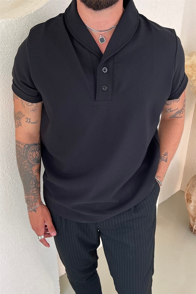 Tasarım Kollar Katlı Polo Yaka Tshirt Siyah
