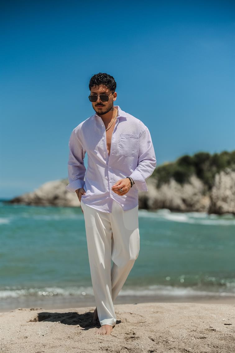 Tek Cep Kabartmalı Uzun Kollu Gömlek Lila