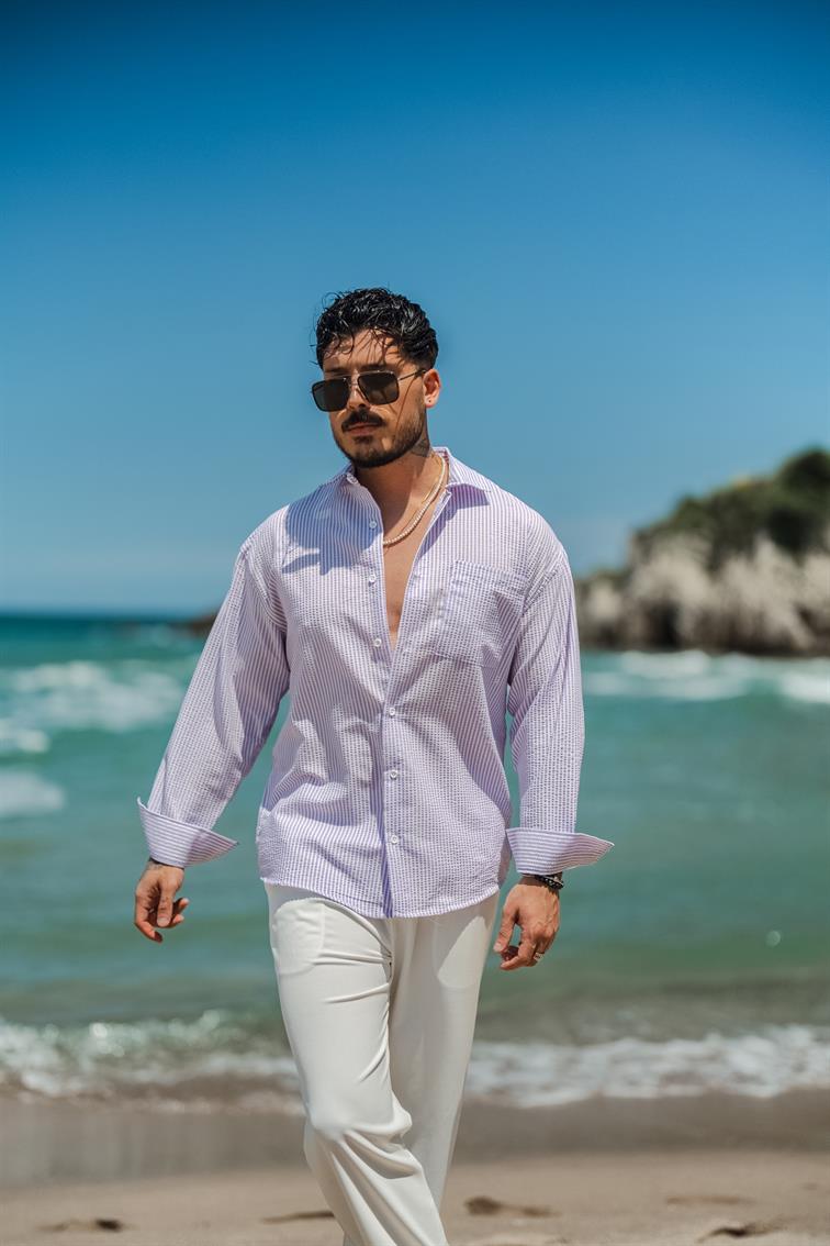 Tek Cep Kabartmalı Uzun Kollu Gömlek Lila