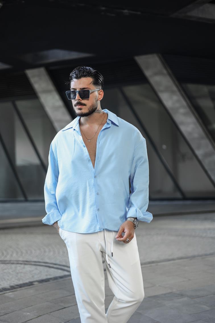 Tensel Kumaş Basic Oversize Gömlek Açık Mavi