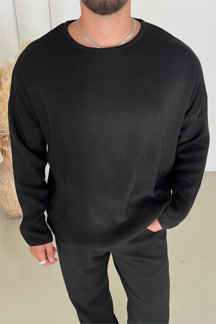Triko Açık Yaka Oversize Kazak Siyah