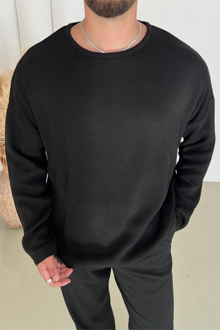 Triko Açık Yaka Oversize Kazak Siyah