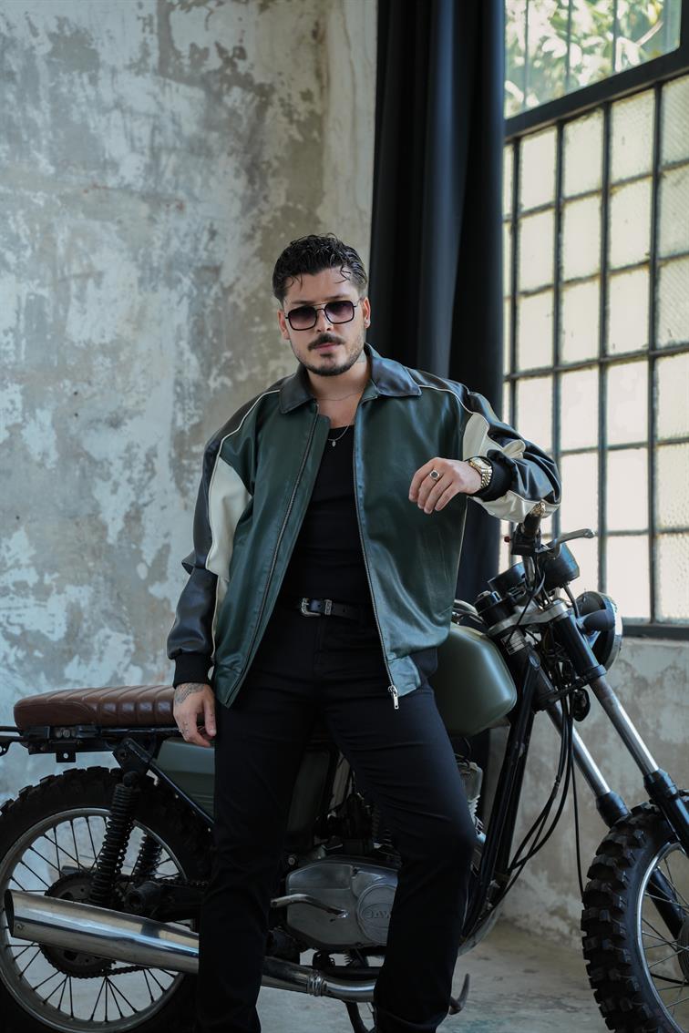 TriTone Bomber Deri Ceket Haki