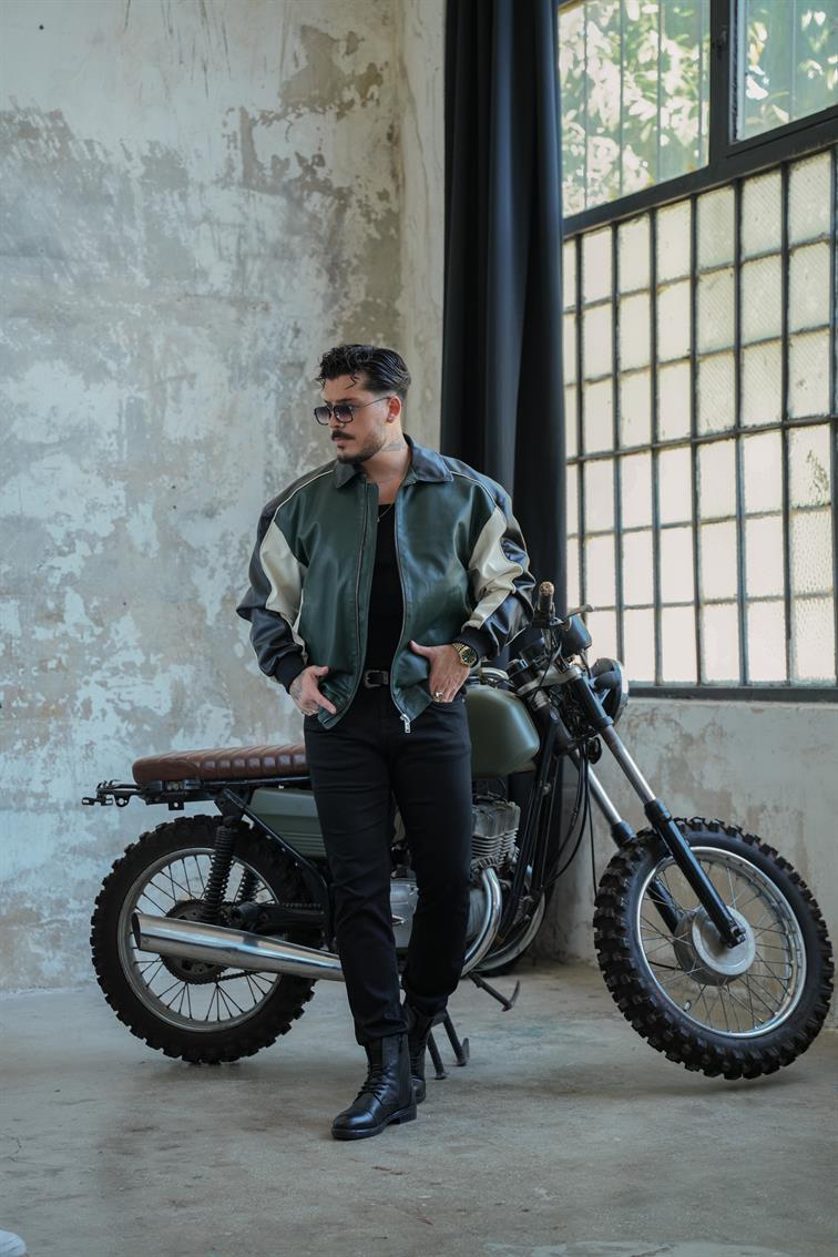 TriTone Bomber Deri Ceket Haki