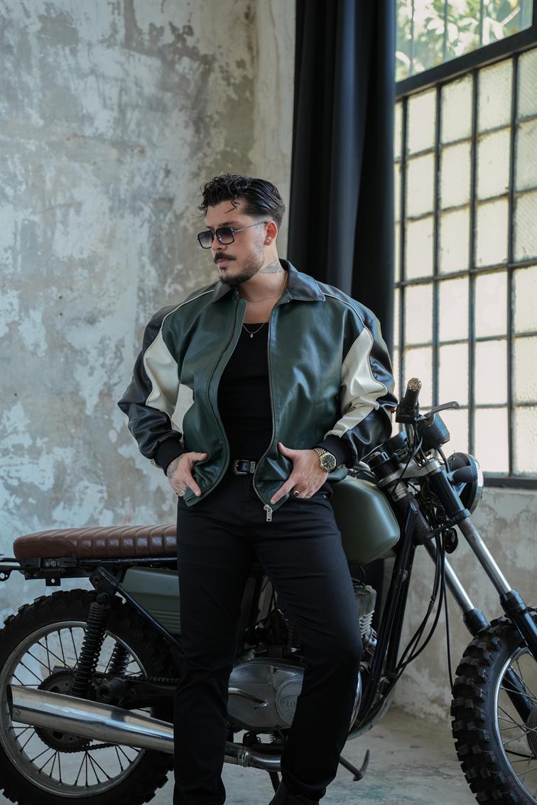 TriTone Bomber Deri Ceket Haki