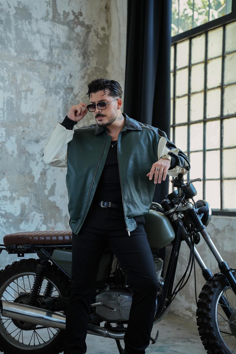 TriTone Bomber Deri Ceket Haki