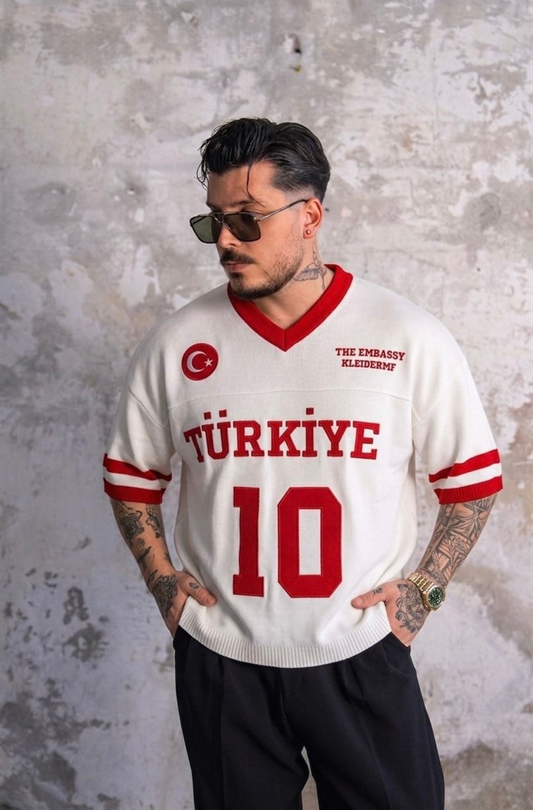 TÜRKİYE Nakışlı Oversize Triko Tshirt Beyaz