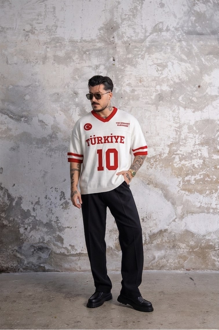 TÜRKİYE Nakışlı Oversize Triko Tshirt Beyaz